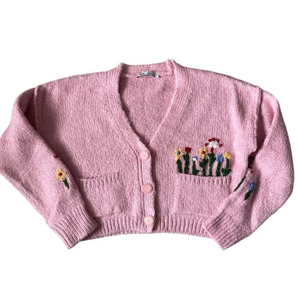 Zara Embroidered Jacquard Knit Oversized Sweater Cardigan Pink‎ Size Small - Picture 4 of 10
